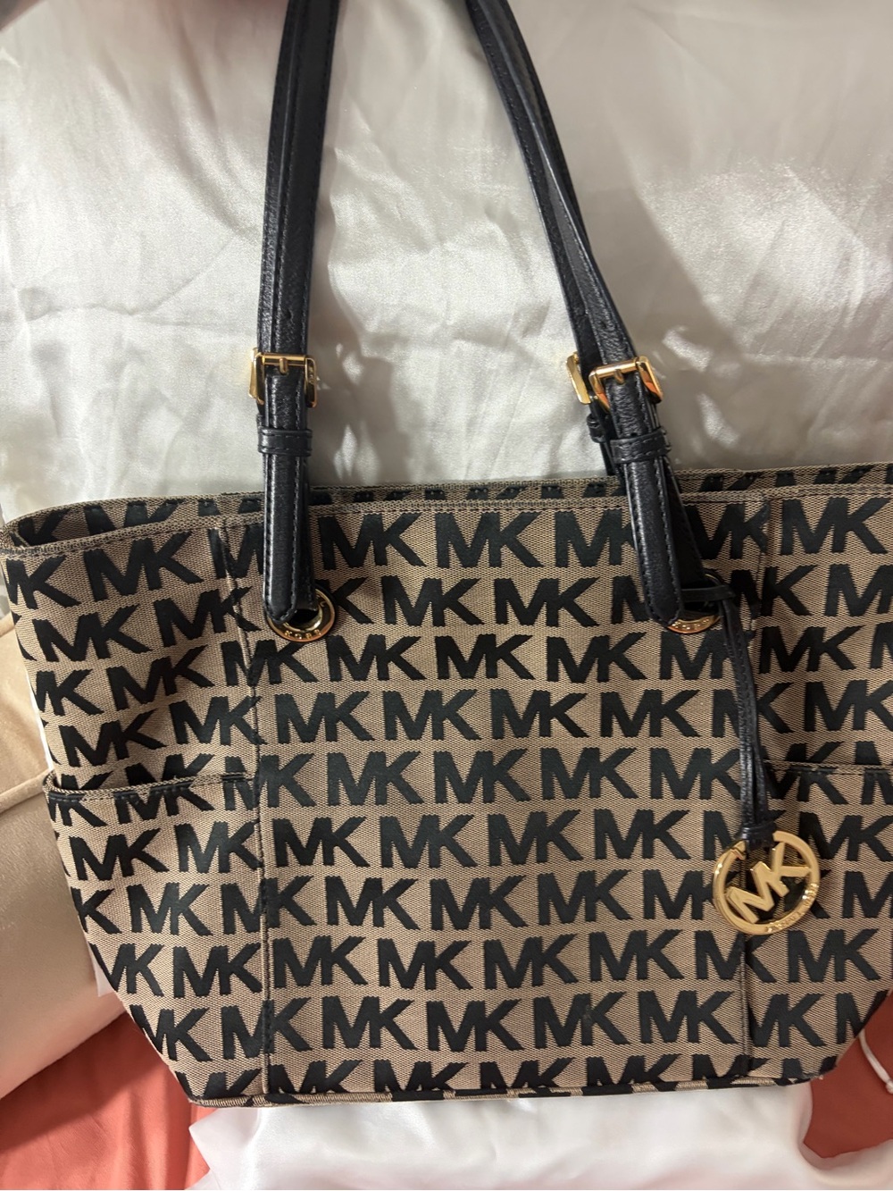 Michael Kors Black MK Logo Tote with Brown Canvas